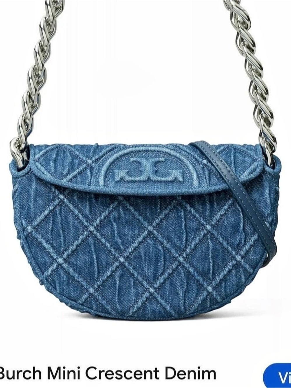 Tory Burch Fleming Soft Denim Mini Crescent Bag Blue Silver Chain Strap - Picture 2 of 6